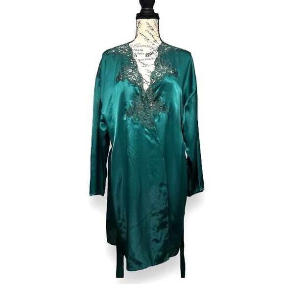 Victoria’s Secret OS Satin Kimono Robe Emerald Green Lace Trim Gold Label VTG - Picture 5 of 14